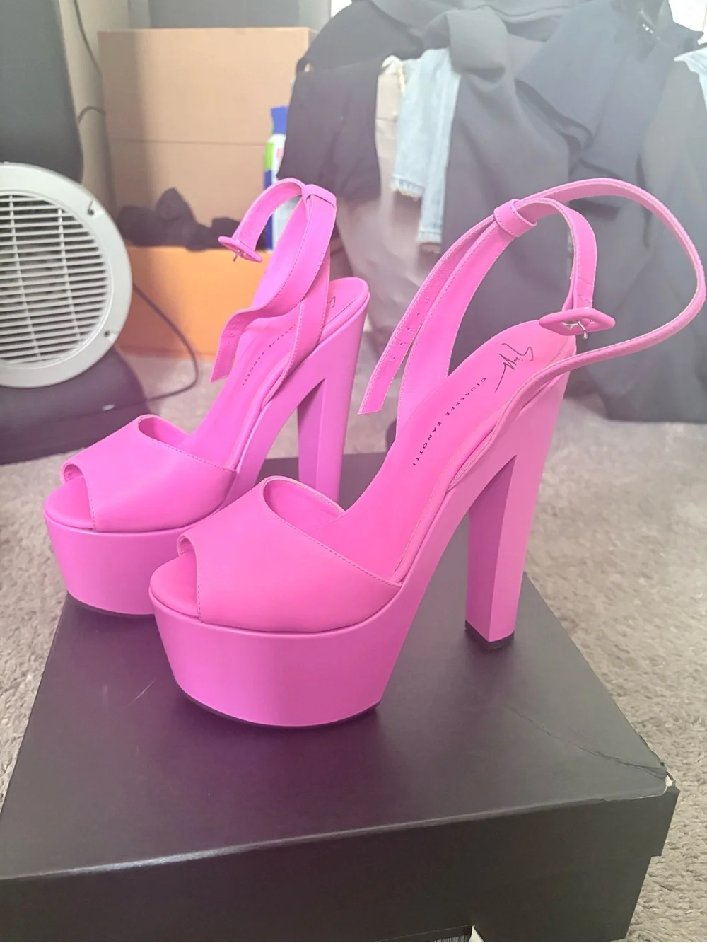 Giuseppe Zanotti Neon Pink Platform Slingback Heels